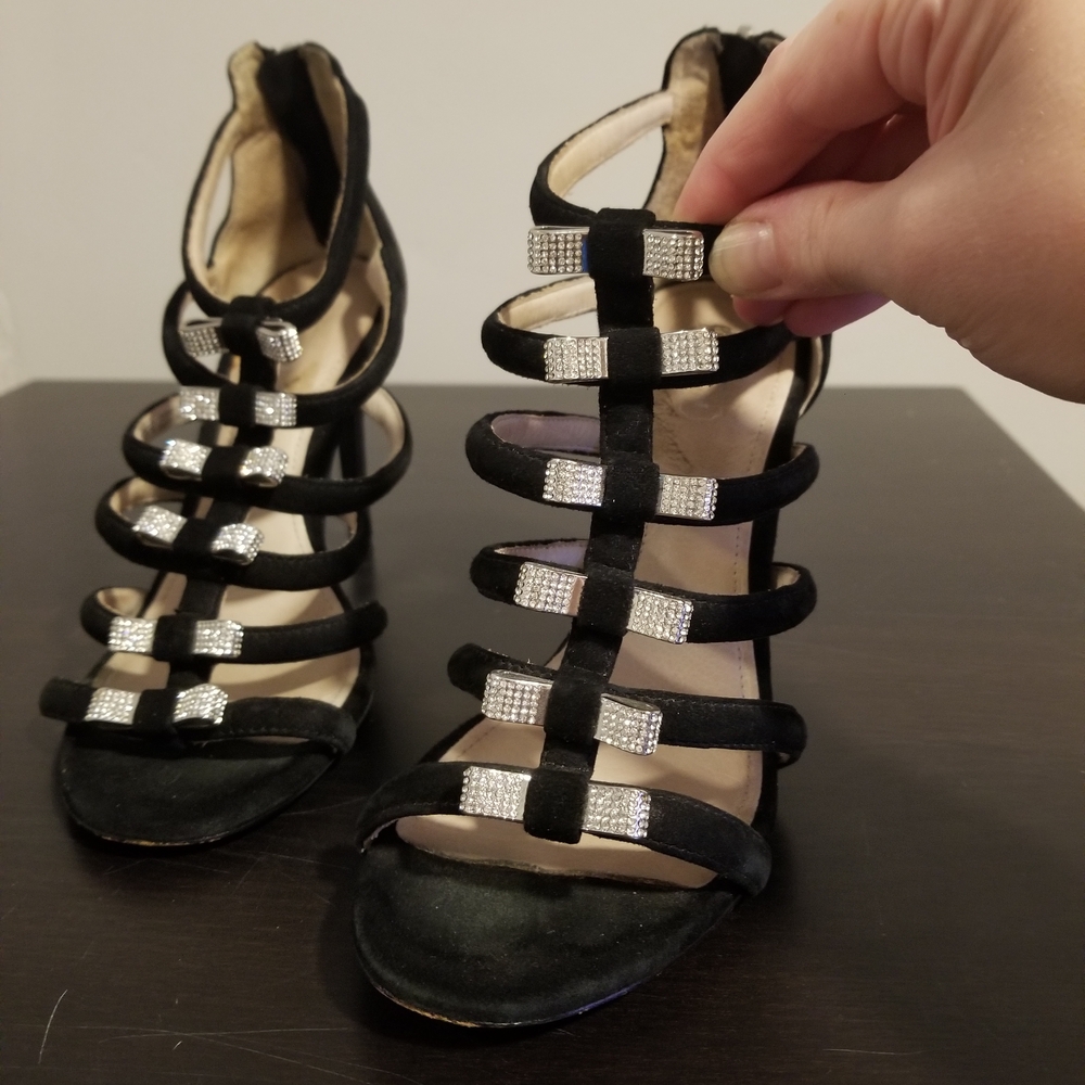 COACH LAILA SEXY SUEDE LEATHER SILVER CRYSTAL BOW HEELS CAGE HOLIDAY STILETTO - Picture 4 of 8